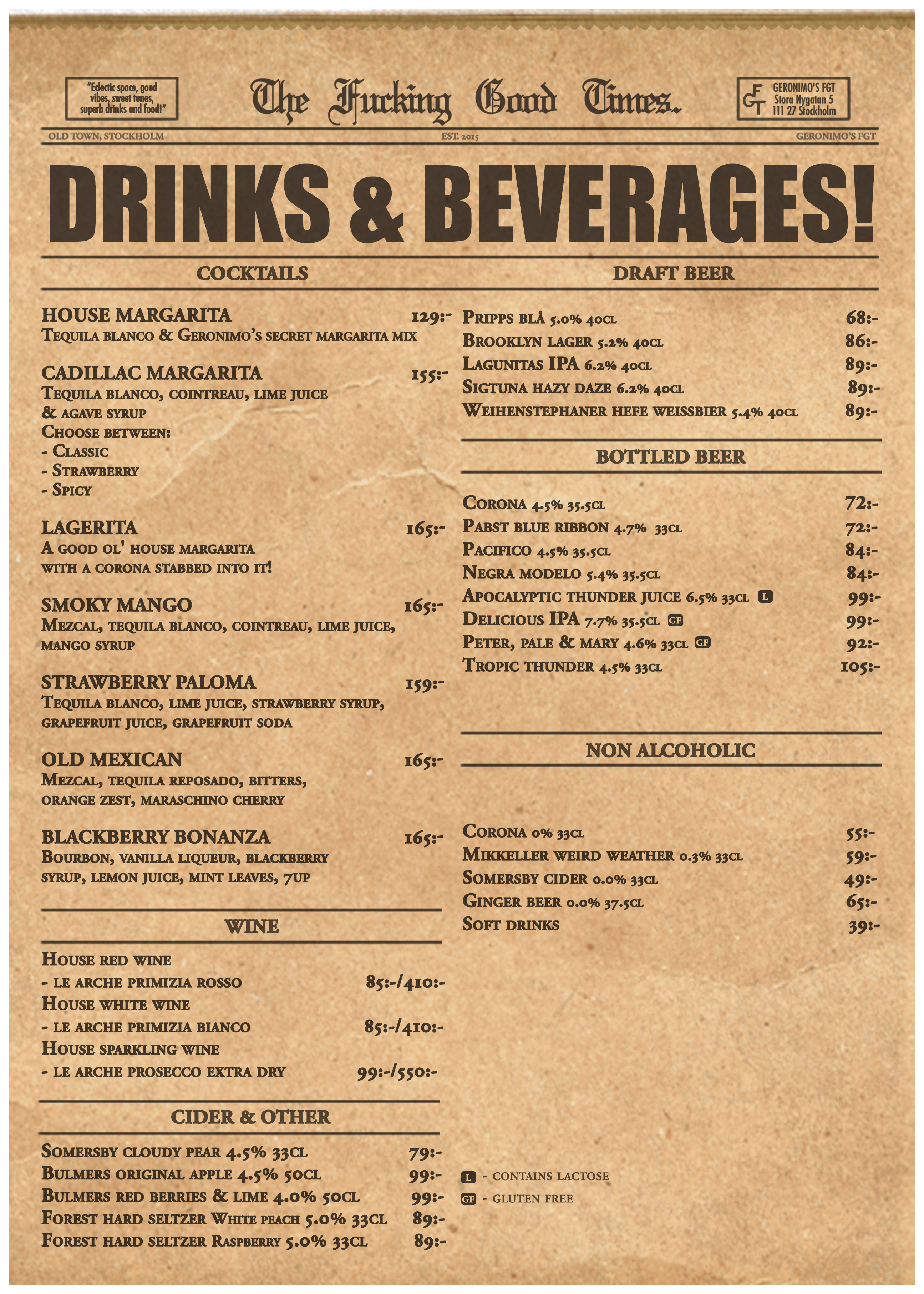 Geronimos FGT - Drink menu